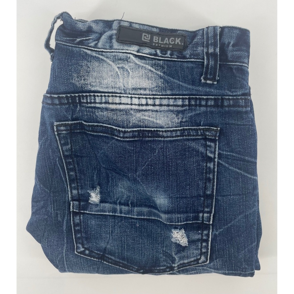 Black Premium Moto Jeans Men 34x30(29) Blue Distressed Skinny Flex Zipper Ribbed